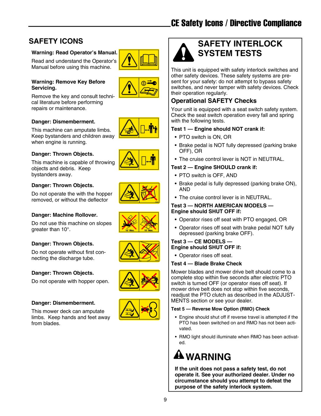 Snapper XL Series manual CE Safety Icons / Directive Compliance, Safety Interlock System Tests 