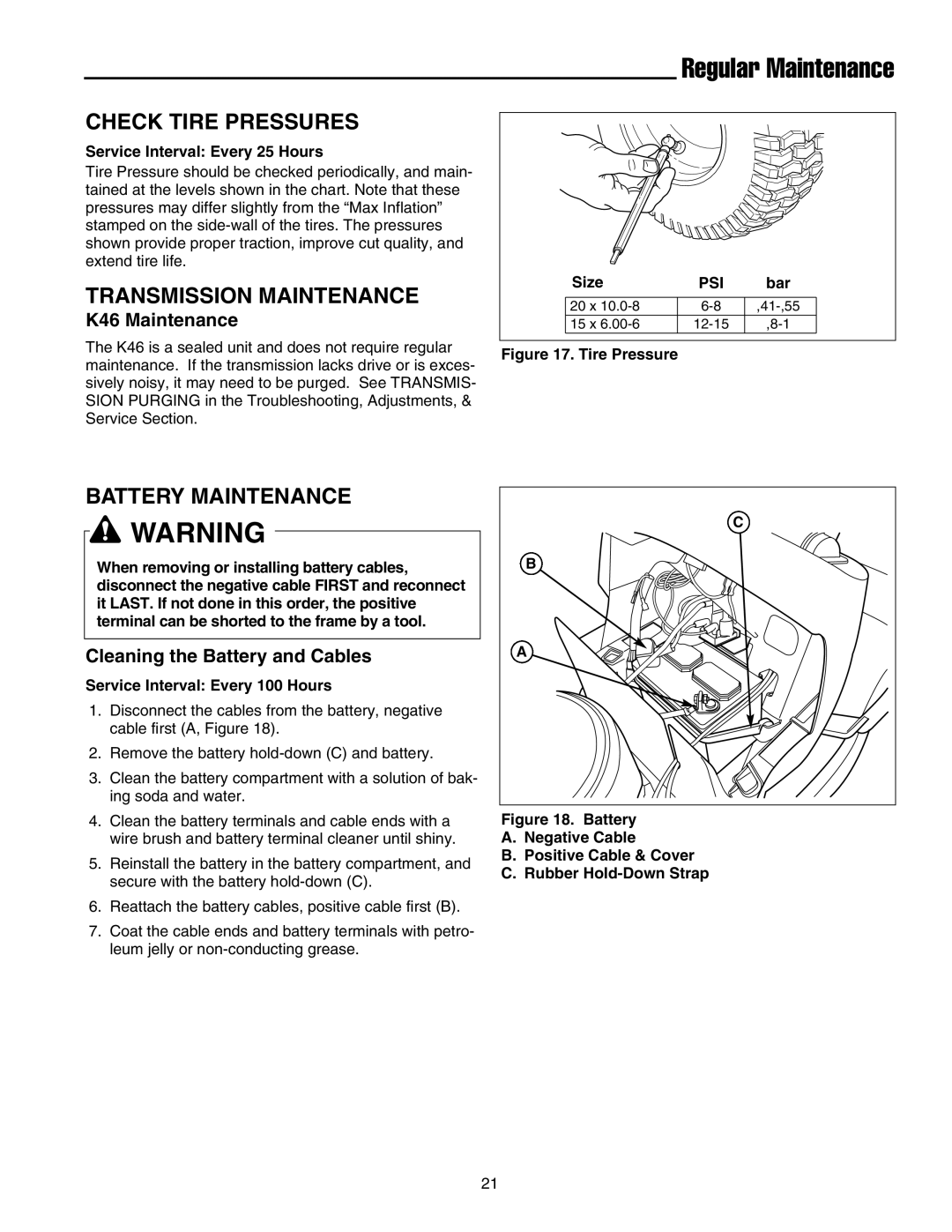 Snapper XL Series manual Regular Maintenance, Check Tire Pressures, Transmission Maintenance, Battery Maintenance 
