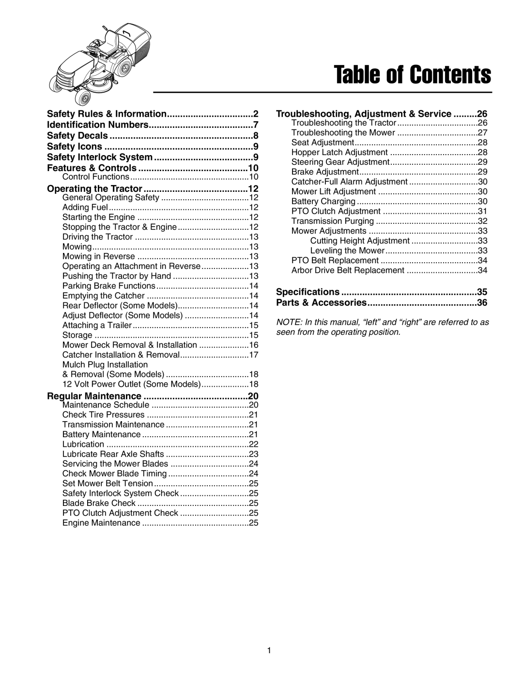 Snapper XL Series manual Table of Contents, Features & Controls, Troubleshooting, Adjustment & Service, Regular Maintenance 
