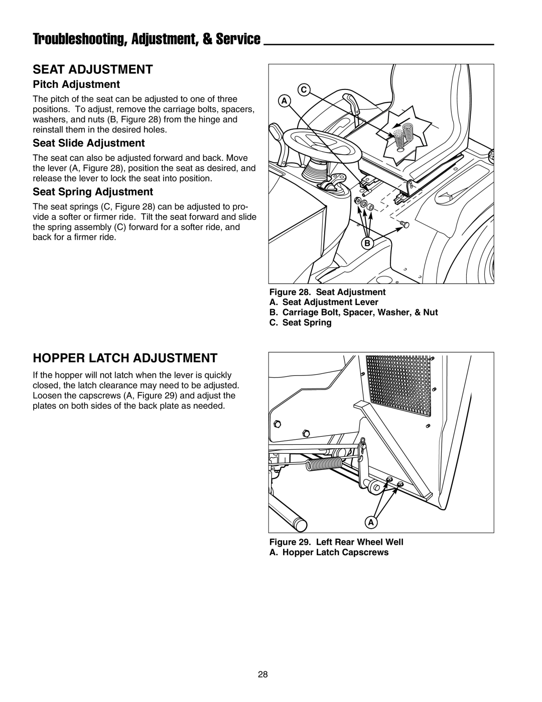 Snapper XL Series manual Seat Adjustment, Hopper Latch Adjustment, Troubleshooting, Adjustment, & Service 