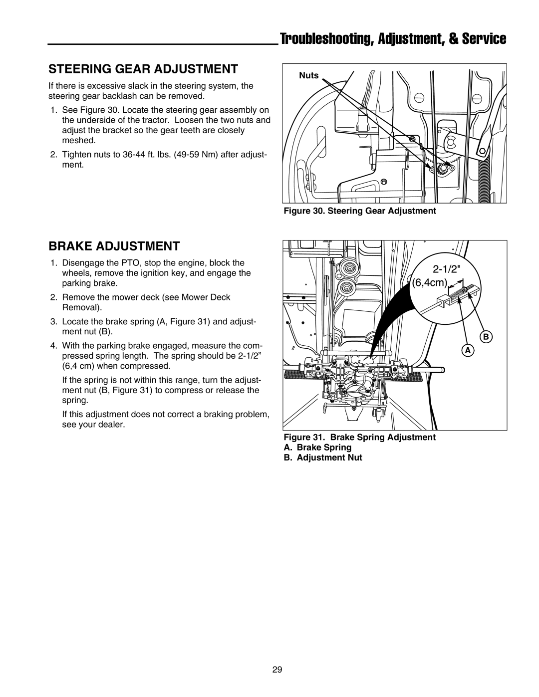 Snapper XL Series manual Steering Gear Adjustment, Brake Adjustment, Troubleshooting, Adjustment, & Service 