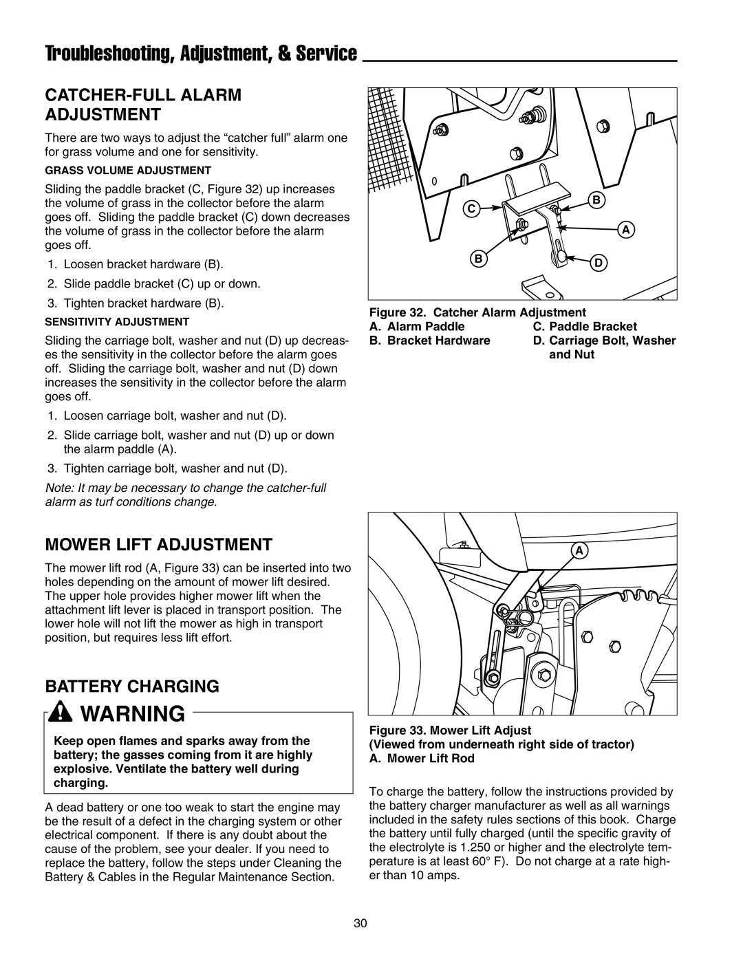Snapper XL Series manual Troubleshooting, Adjustment, & Service, Catcher-Full Alarm Adjustment, Mower Lift Adjustment 
