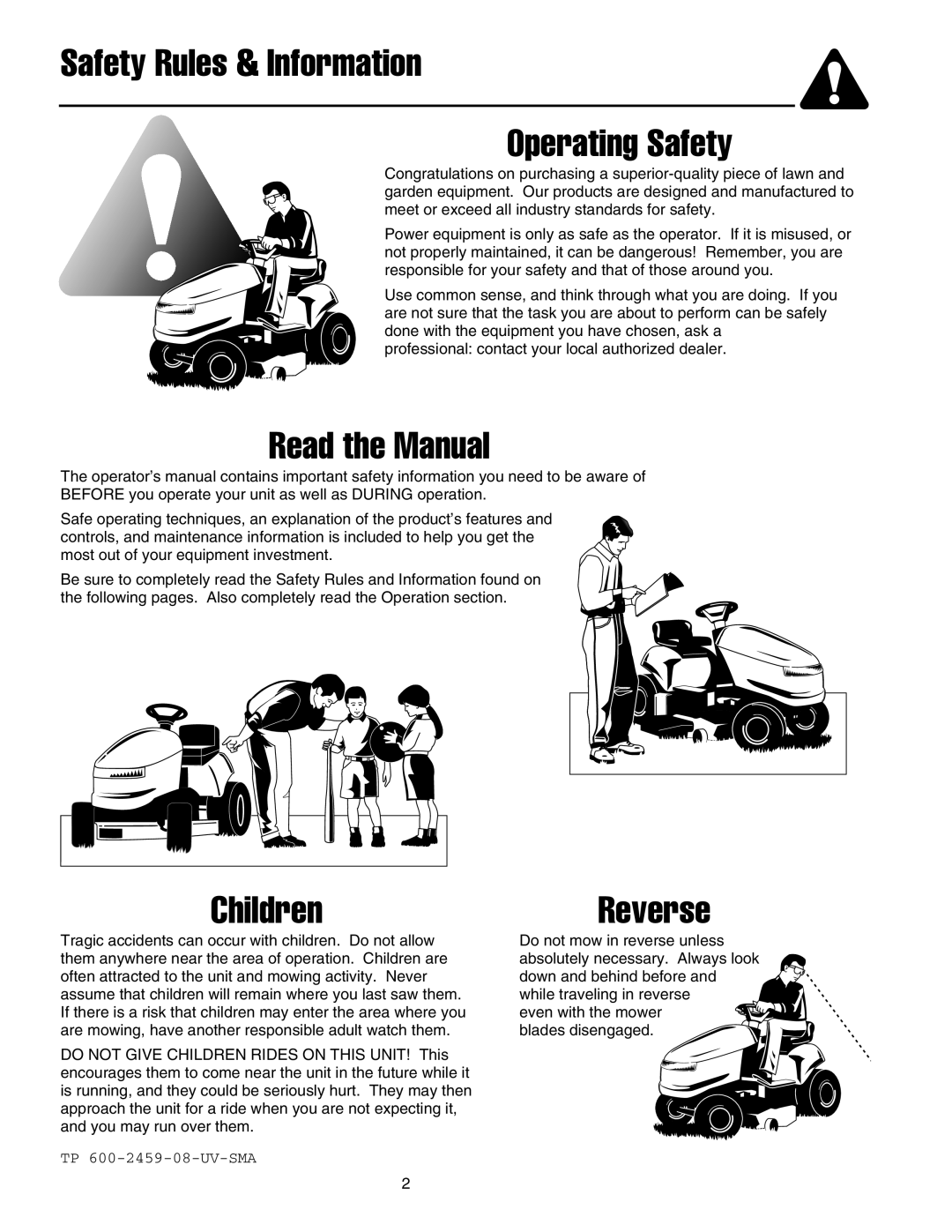 Snapper XL Series manual Safety Rules & Information Operating Safety, Read the Manual, ChildrenReverse 