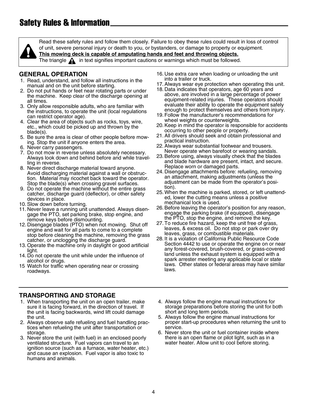 Snapper XL Series manual Safety Rules & Information, General Operation, Transporting And Storage 