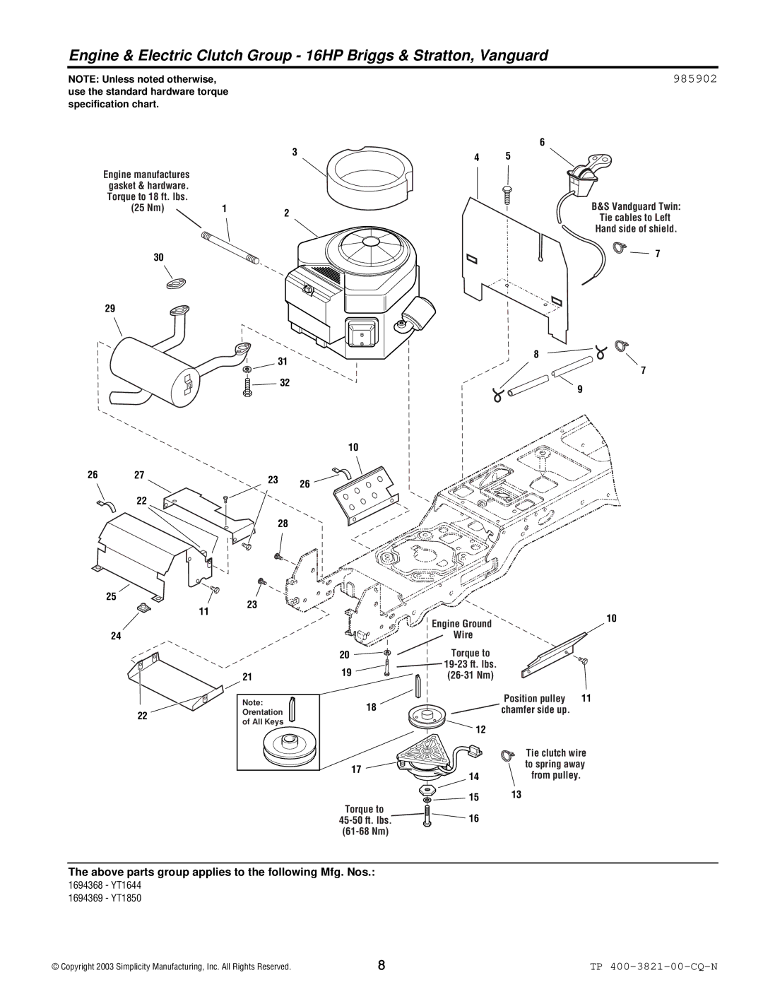 Snapper YT Series manual 985902, Vandguard Twin Tie cables to Left Hand side of shield 