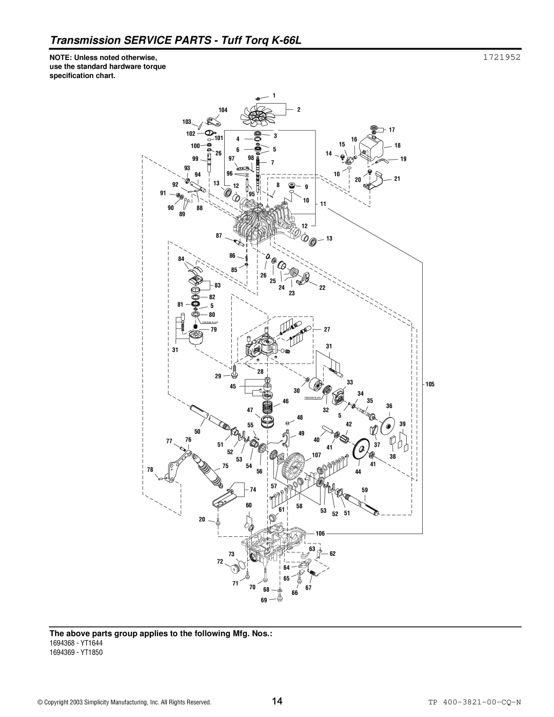 Snapper YT Series manual Transmission Service Parts Tuff Torq K-66L, 1721952 