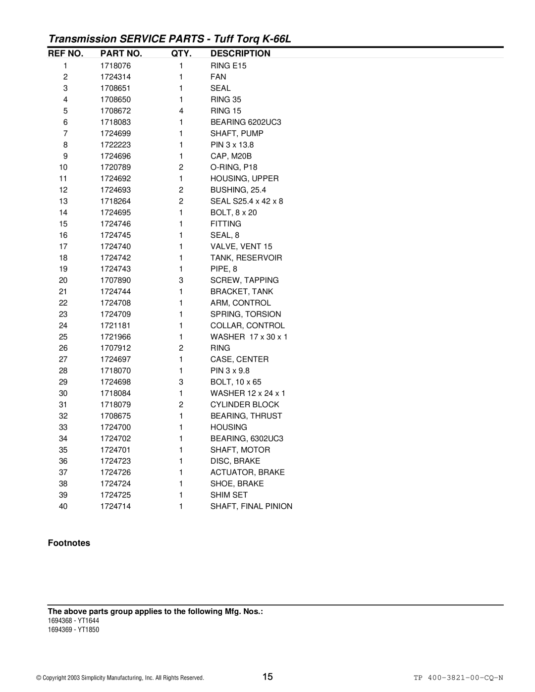 Snapper YT Series Ring E15, Fan, Seal, Bearing 6202UC3, SHAFT, Pump, CAP, M20B, RING, P18, HOUSING, Upper, Bushing, Pipe 