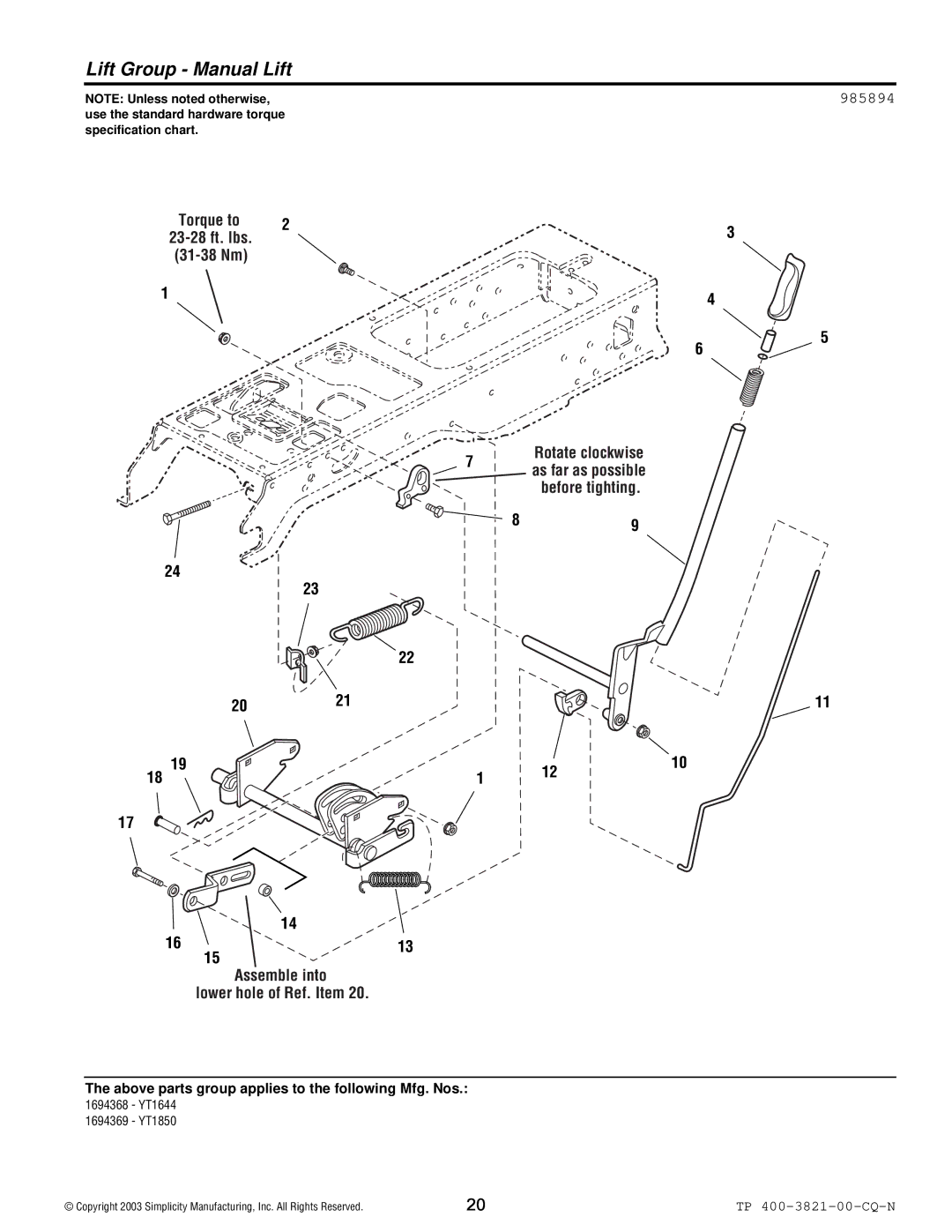 Snapper YT Series manual Lift Group Manual Lift, 985894 