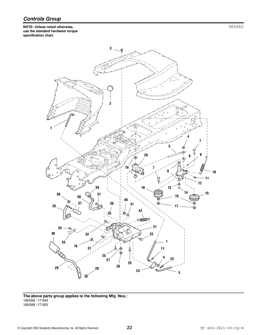 Snapper YT Series manual Controls Group, 985882 