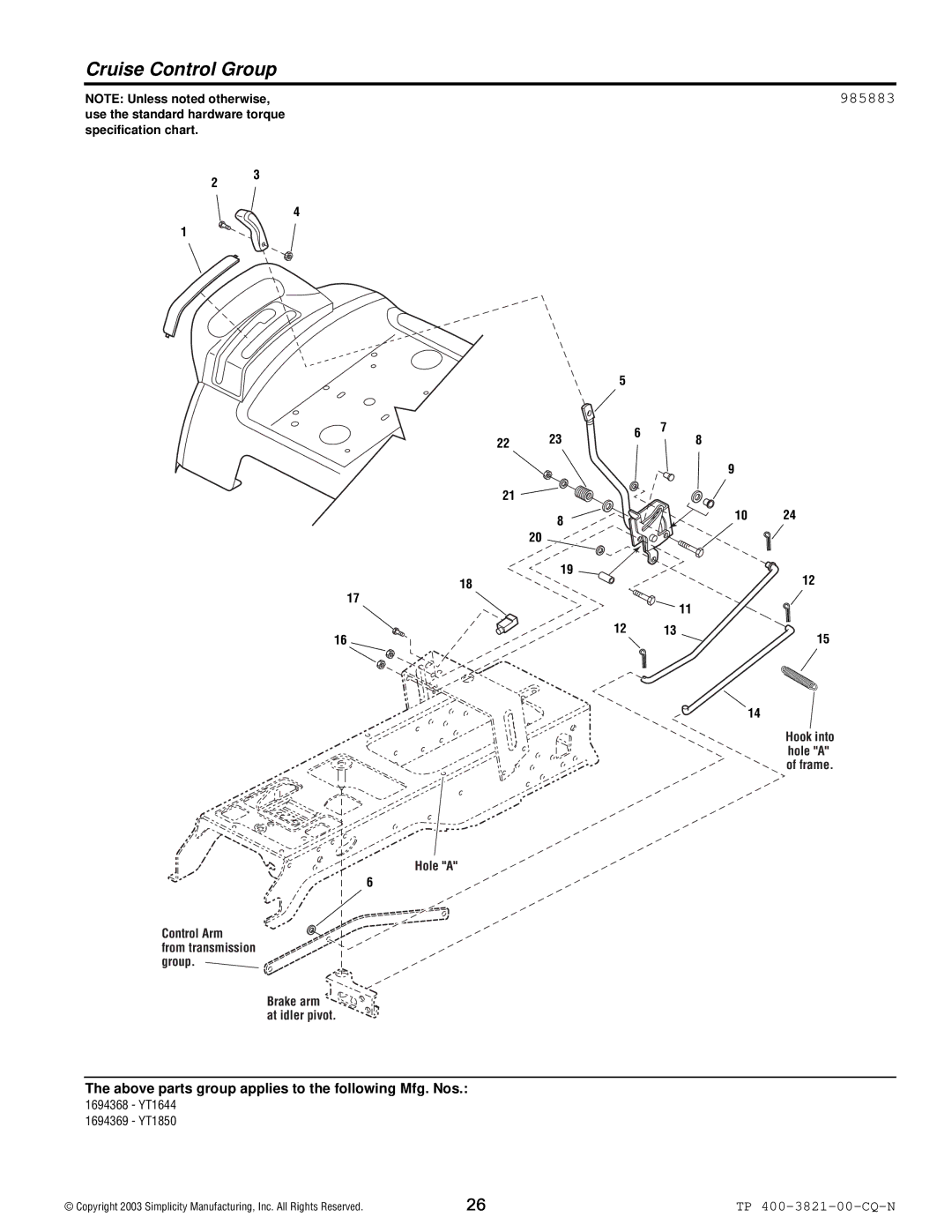 Snapper YT Series manual Cruise Control Group, 985883 