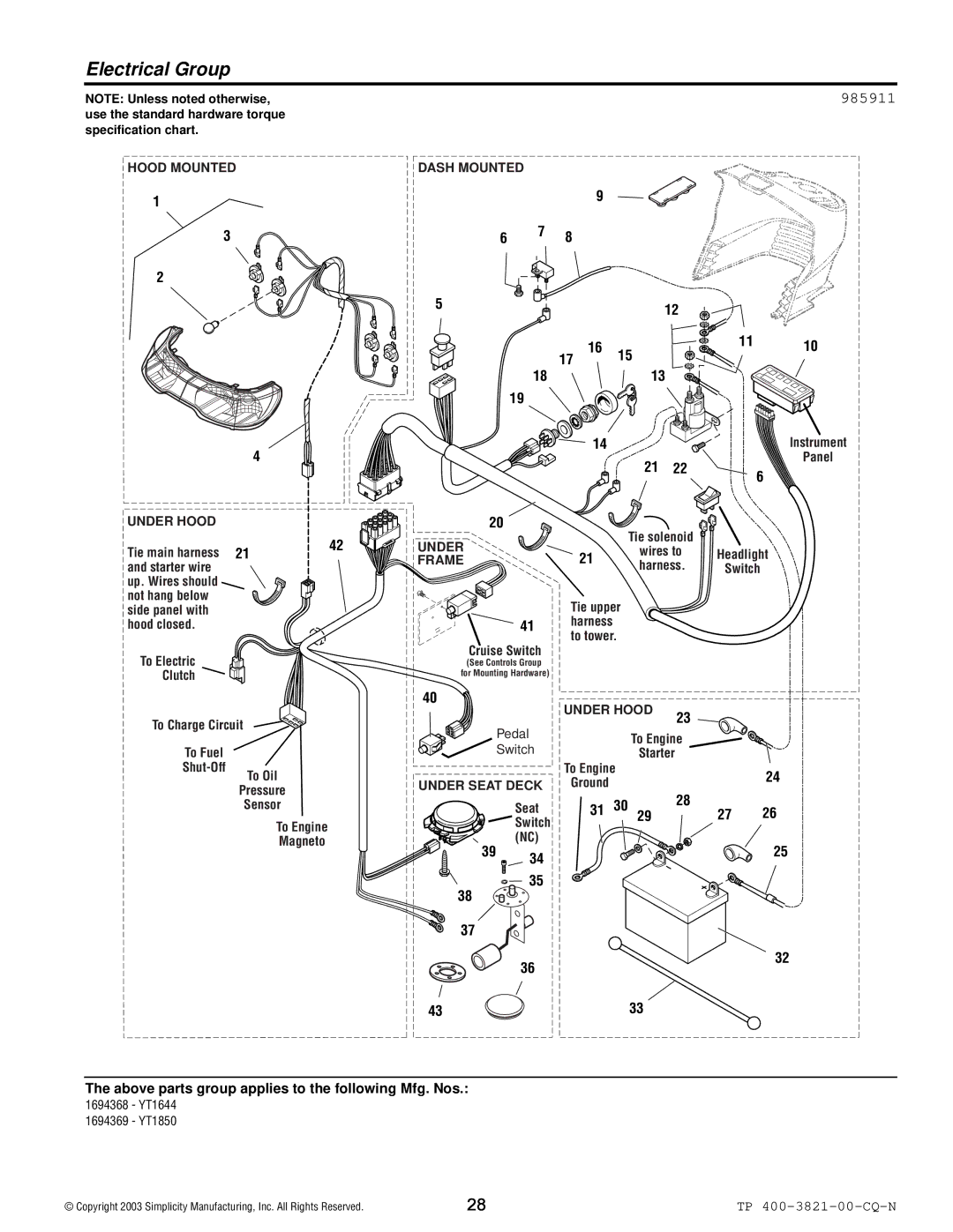 Snapper YT Series manual Electrical Group, 985911 