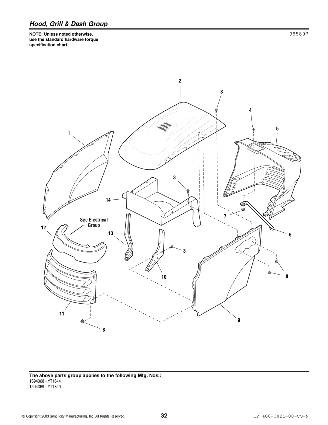 Snapper YT Series manual Hood, Grill & Dash Group, 985897 