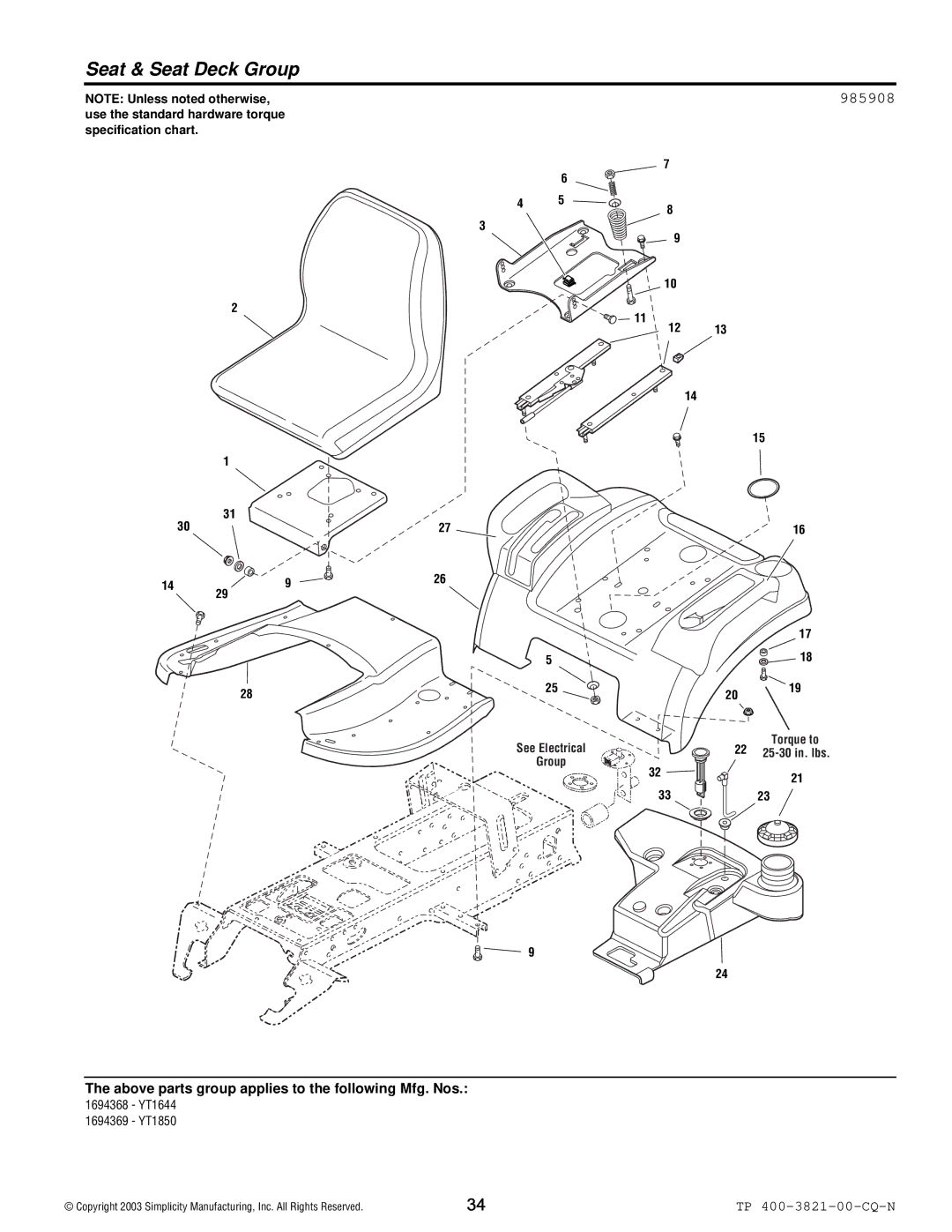 Snapper YT Series manual Seat & Seat Deck Group, 985908 