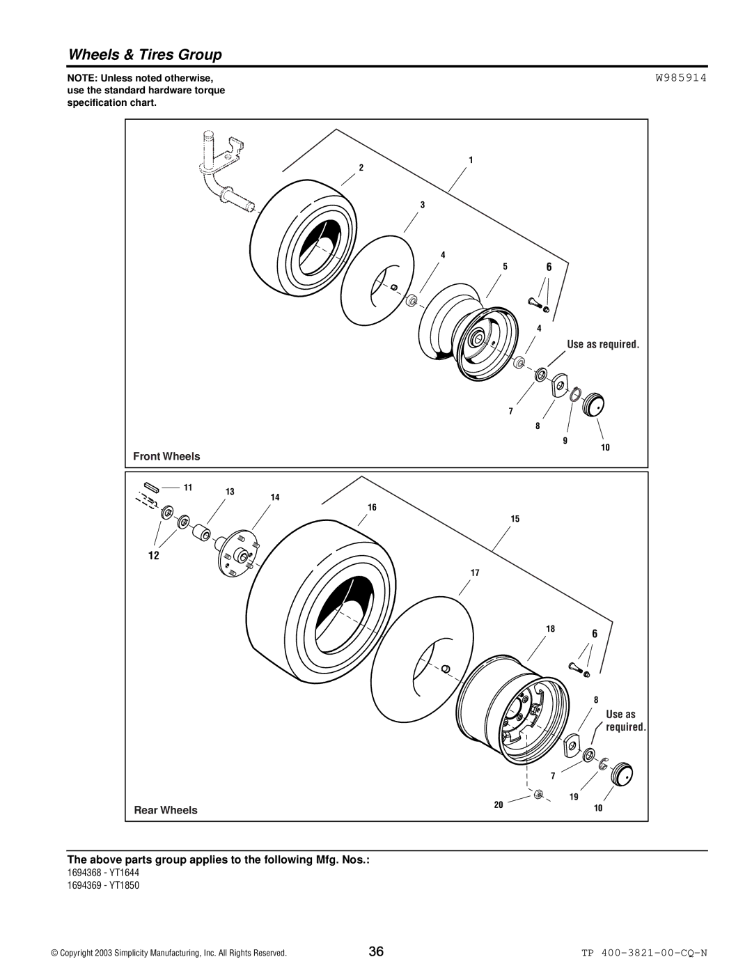 Snapper YT Series manual Wheels & Tires Group, W985914 