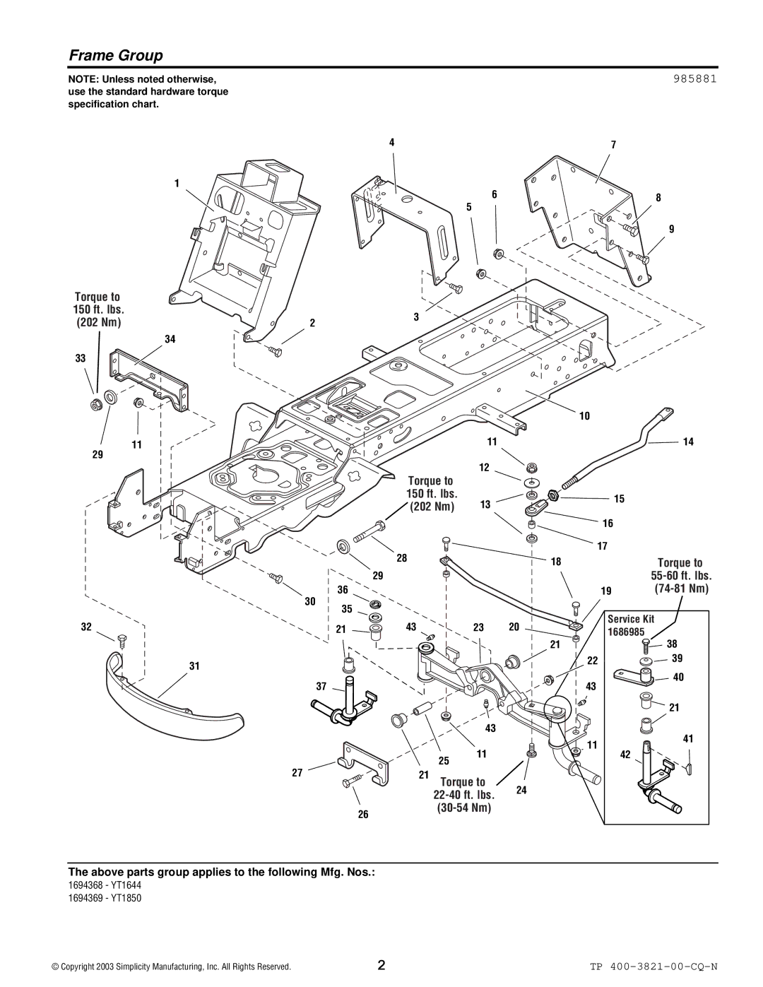 Snapper YT Series manual Frame Group, 985881 