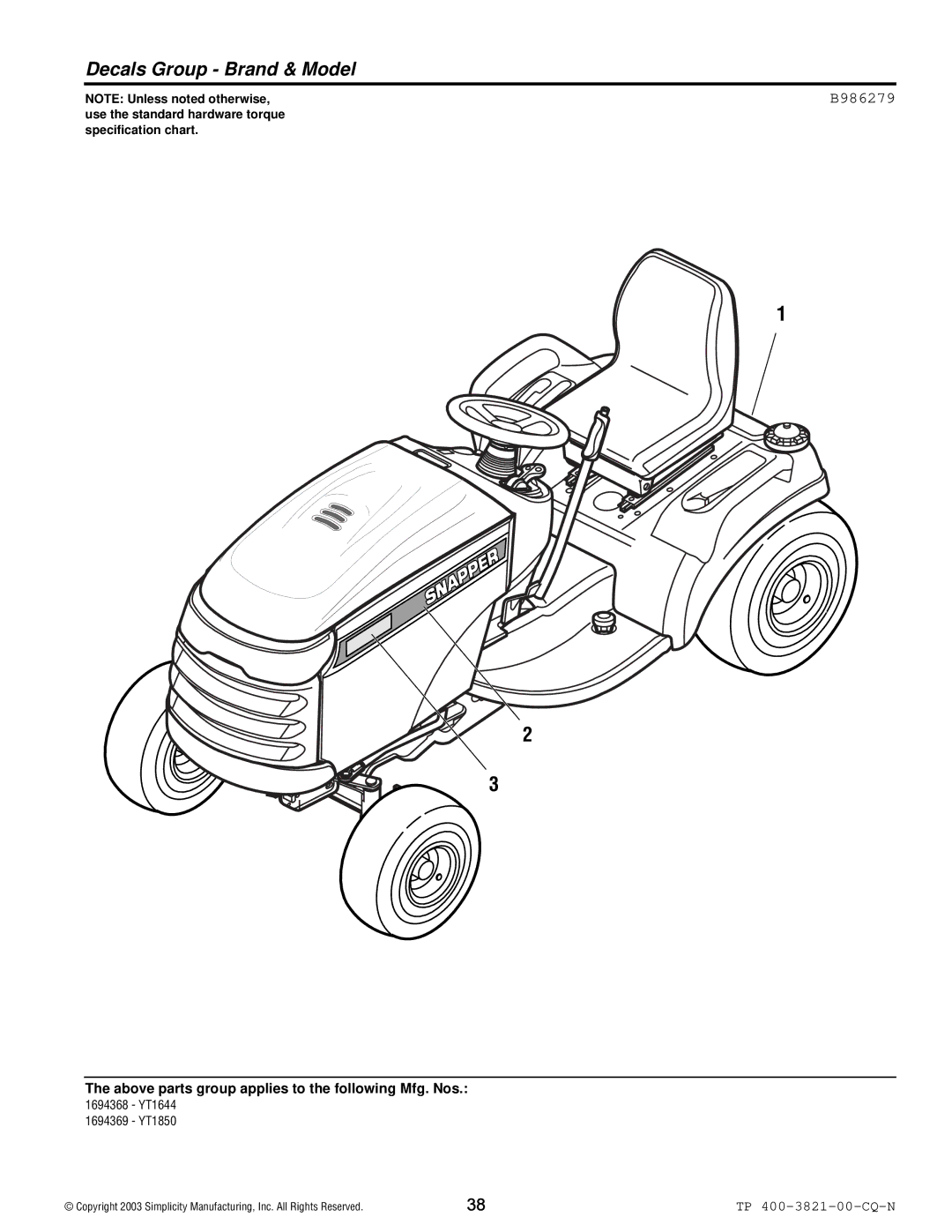 Snapper YT Series manual Decals Group Brand & Model, B986279 