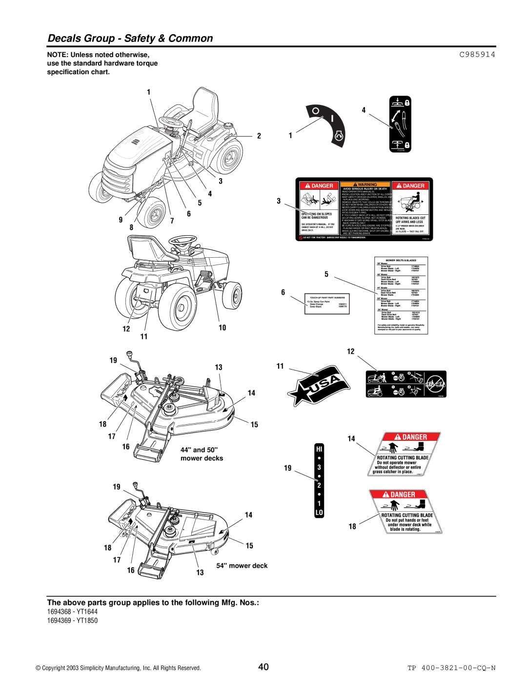 Snapper YT Series manual Decals Group Safety & Common, C985914 