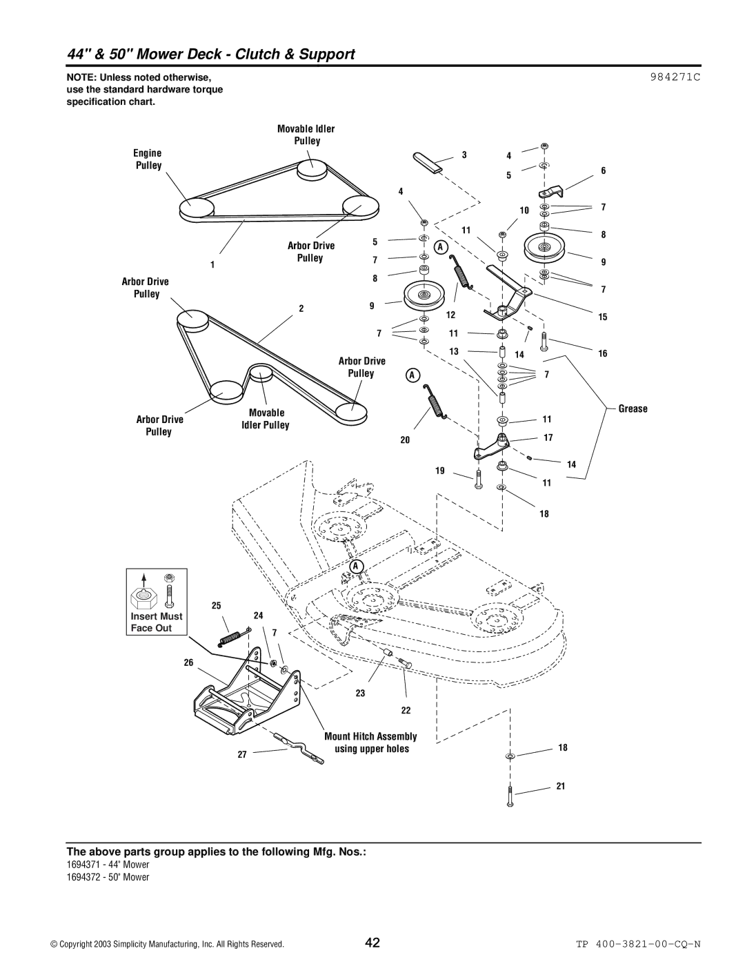 Snapper YT Series manual 44 & 50 Mower Deck Clutch & Support, 984271C 