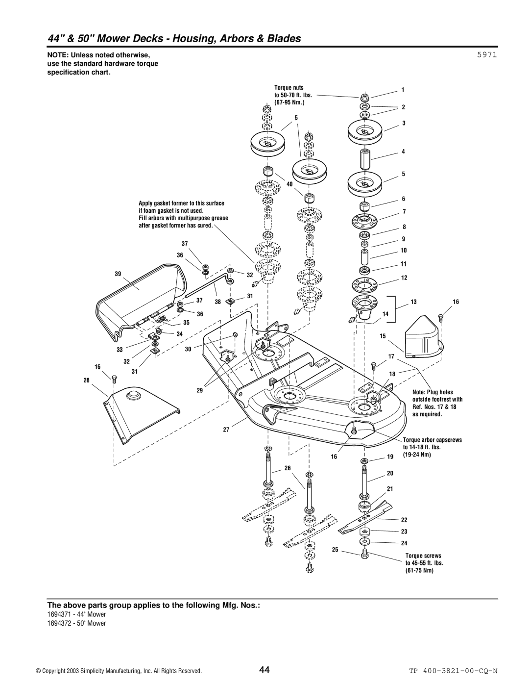 Snapper YT Series manual 44 & 50 Mower Decks Housing, Arbors & Blades, 5971 