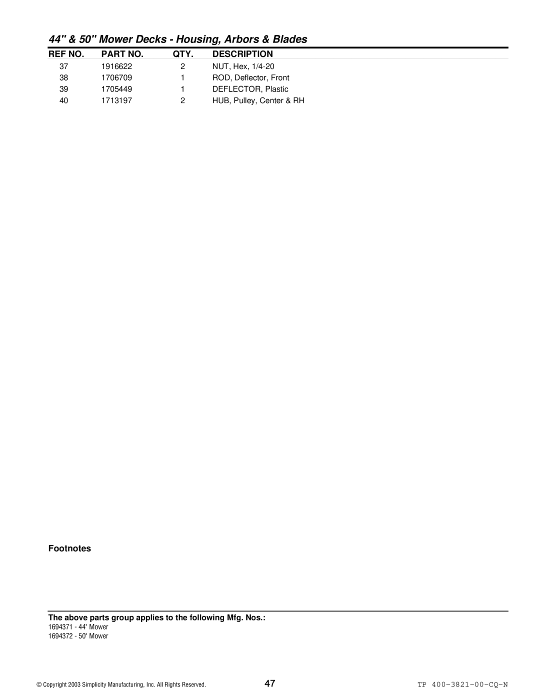 Snapper YT Series manual 44 & 50 Mower Decks Housing, Arbors & Blades 