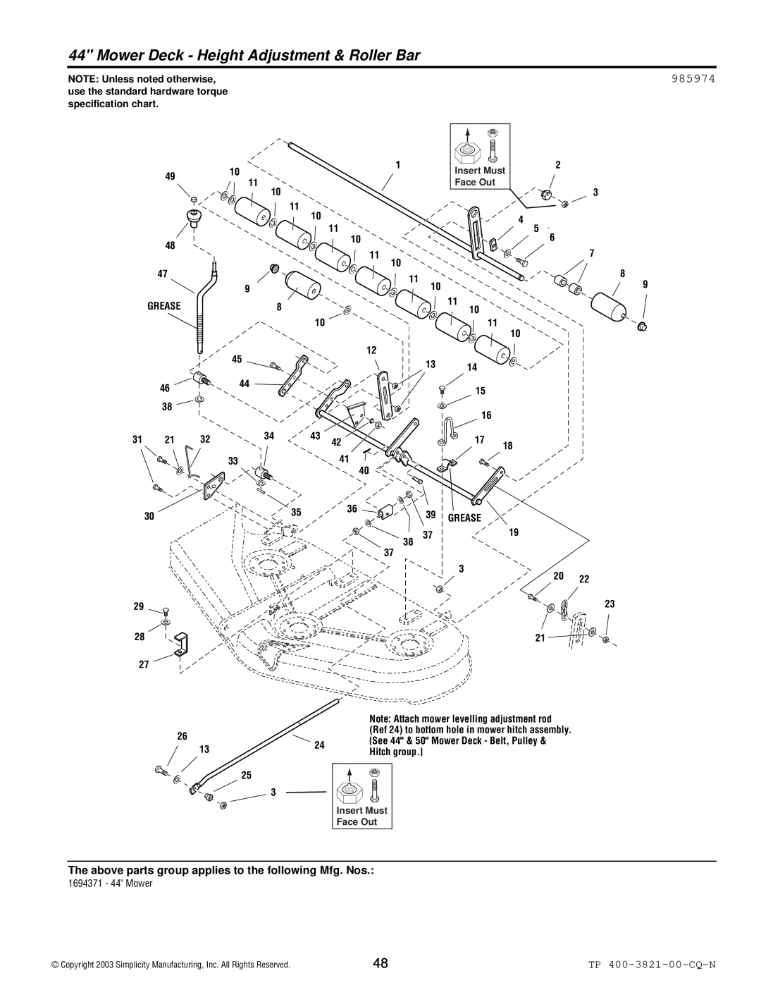 Snapper YT Series manual Mower Deck Height Adjustment & Roller Bar, 985974 