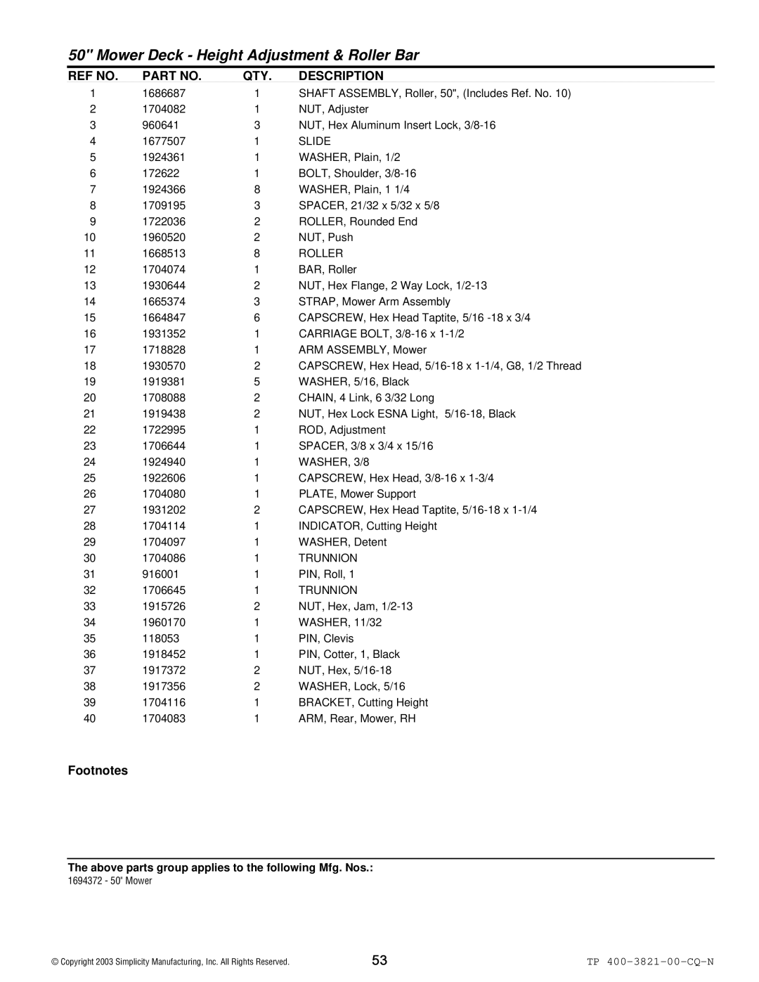 Snapper YT Series manual 916001 PIN, Roll 1706645 