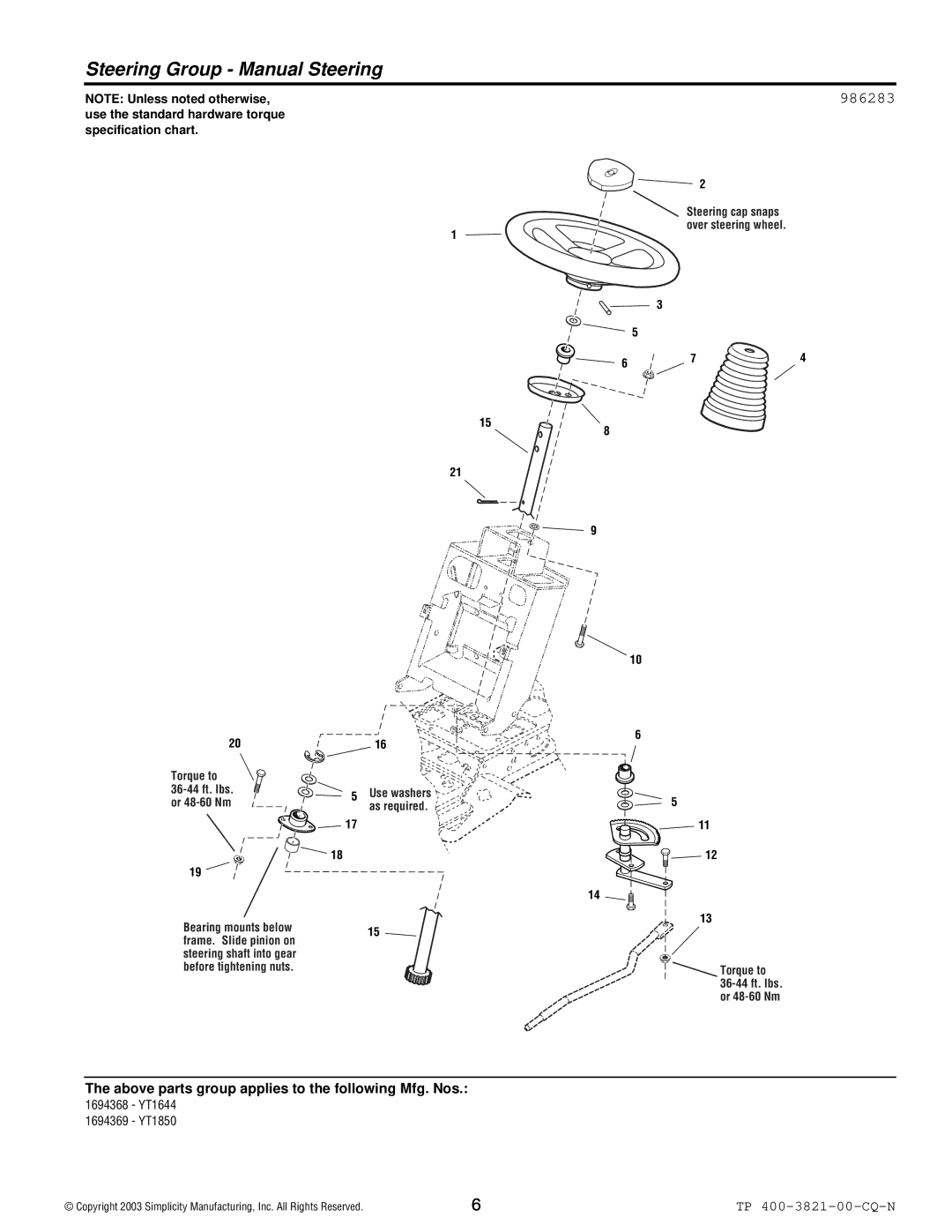 Snapper YT Series manual Steering Group Manual Steering, 986283 