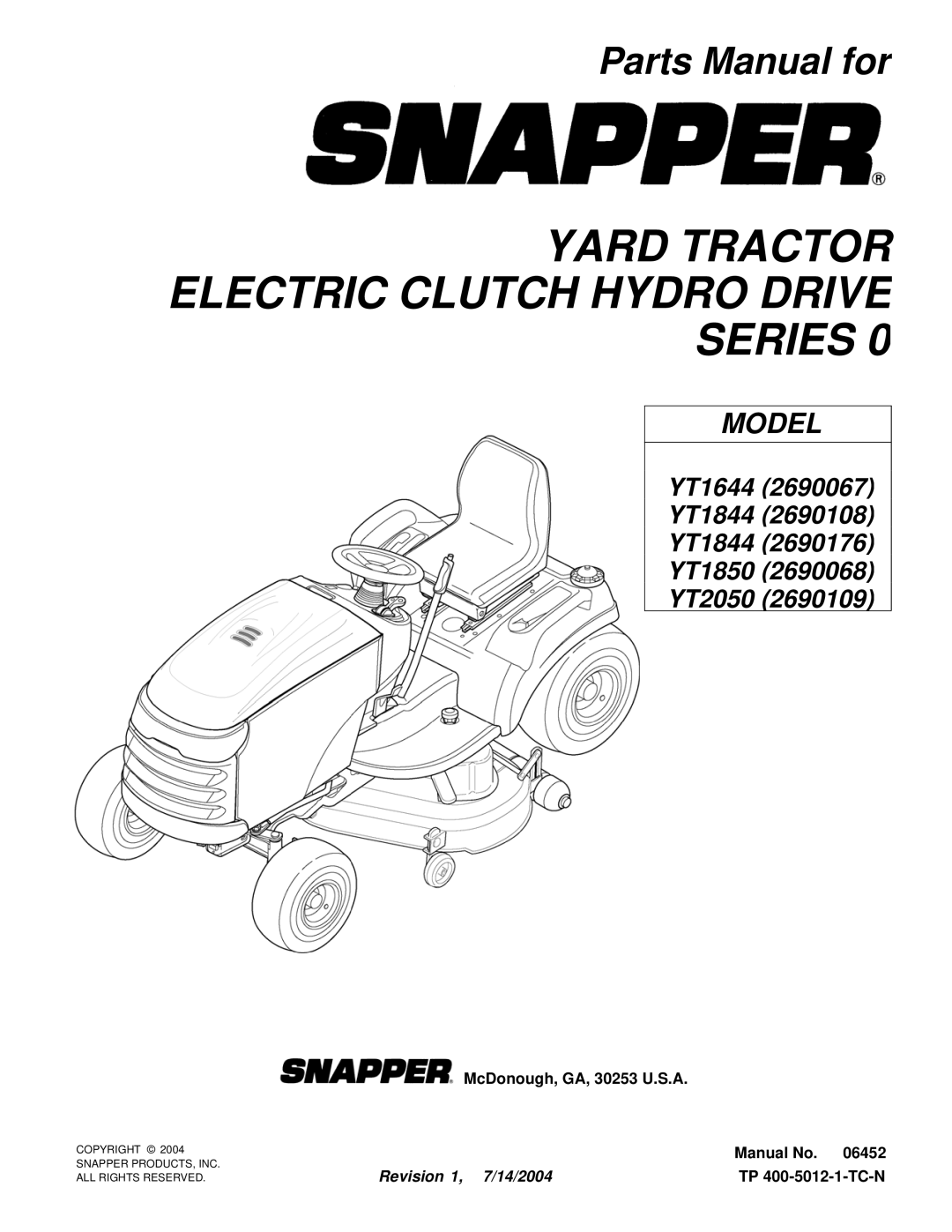 Snapper YT1644, YT1844, YT1844, YT1850, YT2050 manual Yard Tractor Electric Clutch Hydro Drive Series 