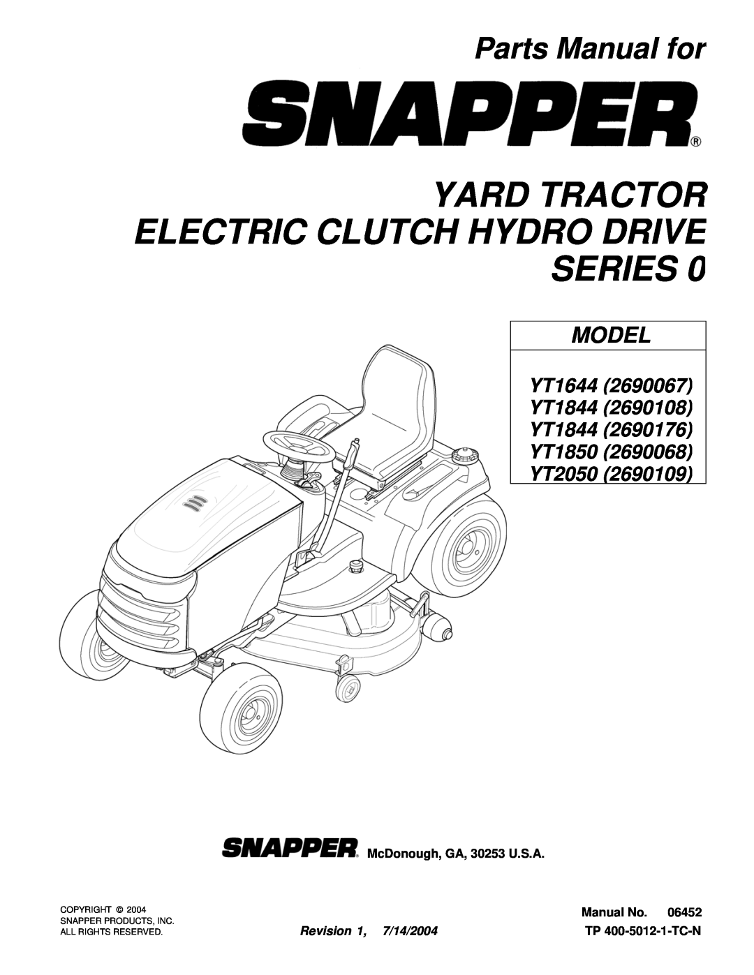 Snapper YT1644, YT1844, YT1844, YT1850, YT2050 manual Yard Tractor Electric Clutch Hydro Drive Series, Parts Manual for 