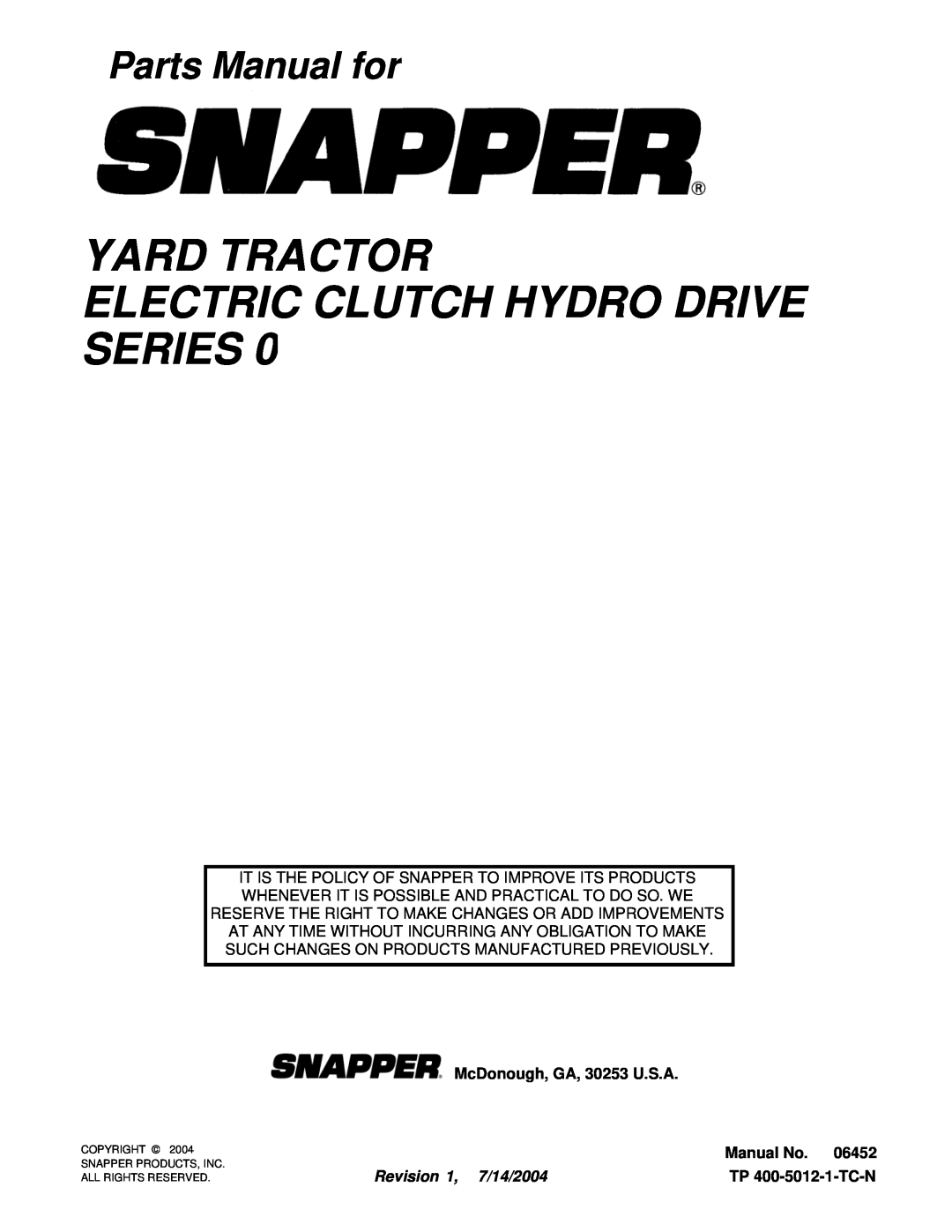 Snapper YT1644, YT1844, YT1844, YT1850, YT2050 manual Yard Tractor Electric Clutch Hydro Drive Series, Parts Manual for 