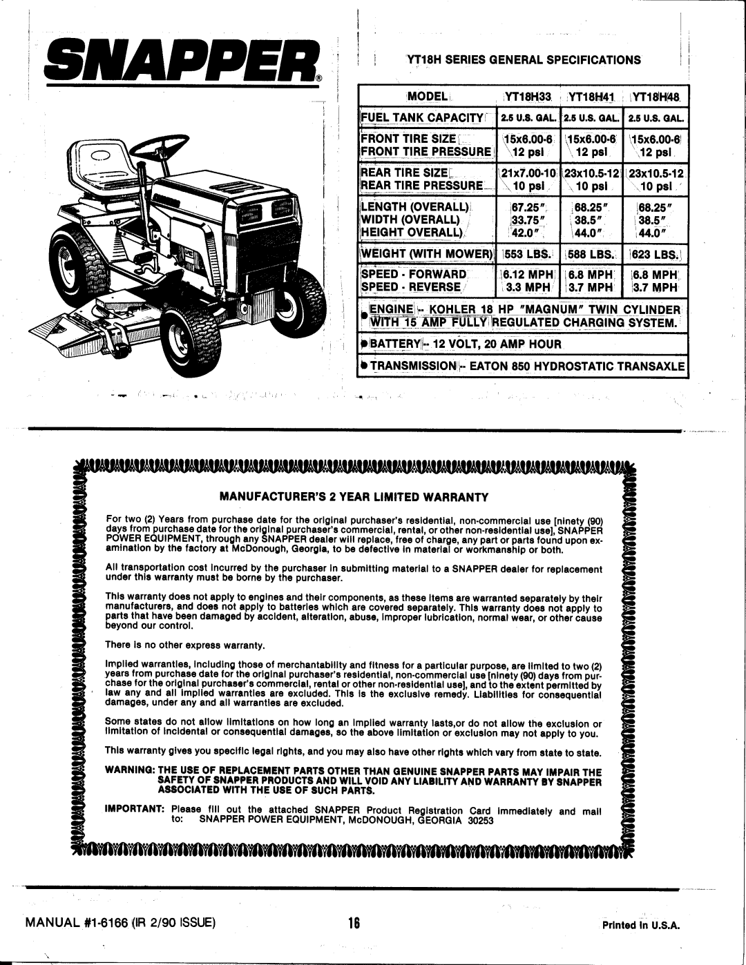 Snapper YT18H manual 