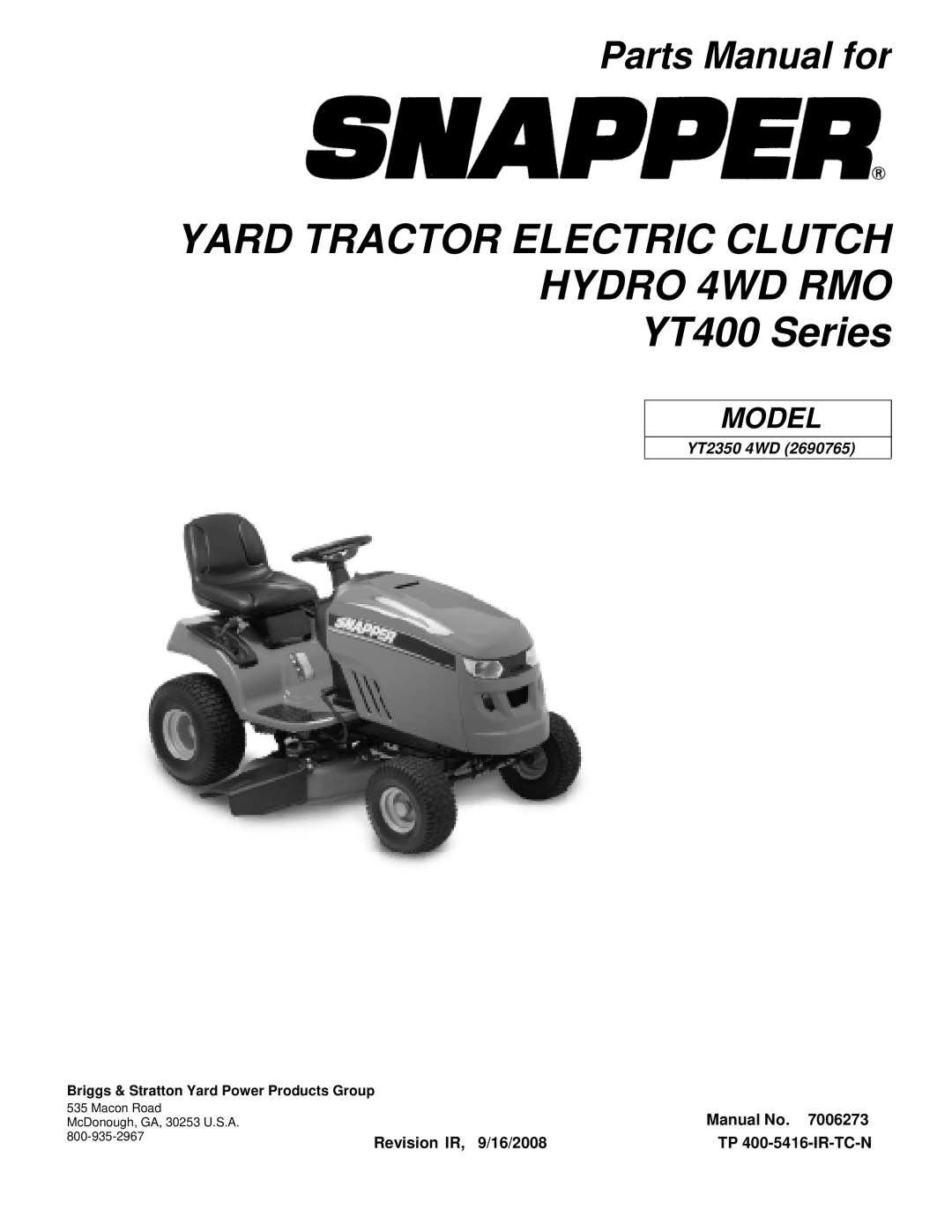 Snapper YT2350 4WD manual Yard Tractor Electric Clutch Hydro 4WD RMO YT400 Series 