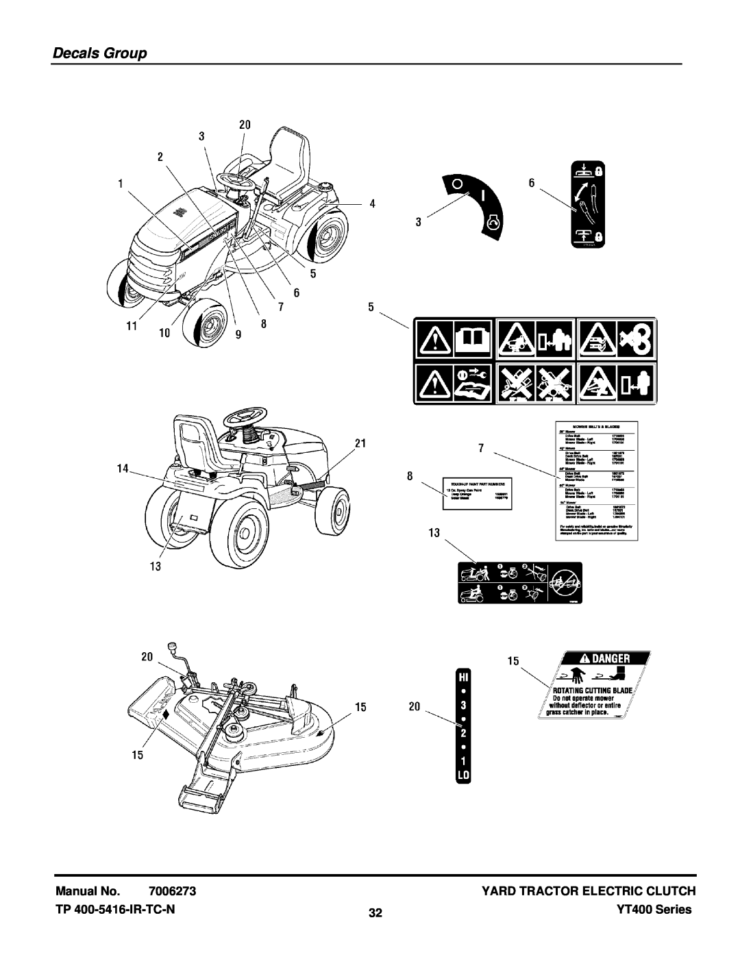 Snapper YT2350 4WD manual Decals Group, Manual No, 7006273, Yard Tractor Electric Clutch, TP 400-5416-IR-TC-N, YT400 Series 