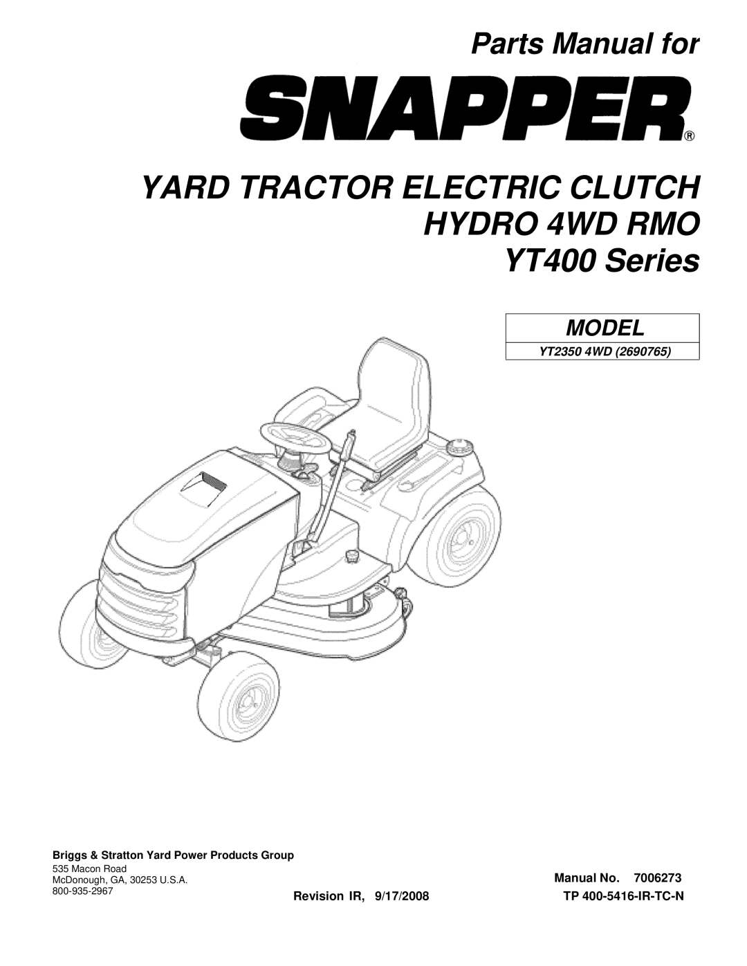 Snapper YT2350 manual Yard Tractor Electric Clutch Hydro 4WD RMO YT400 Series 