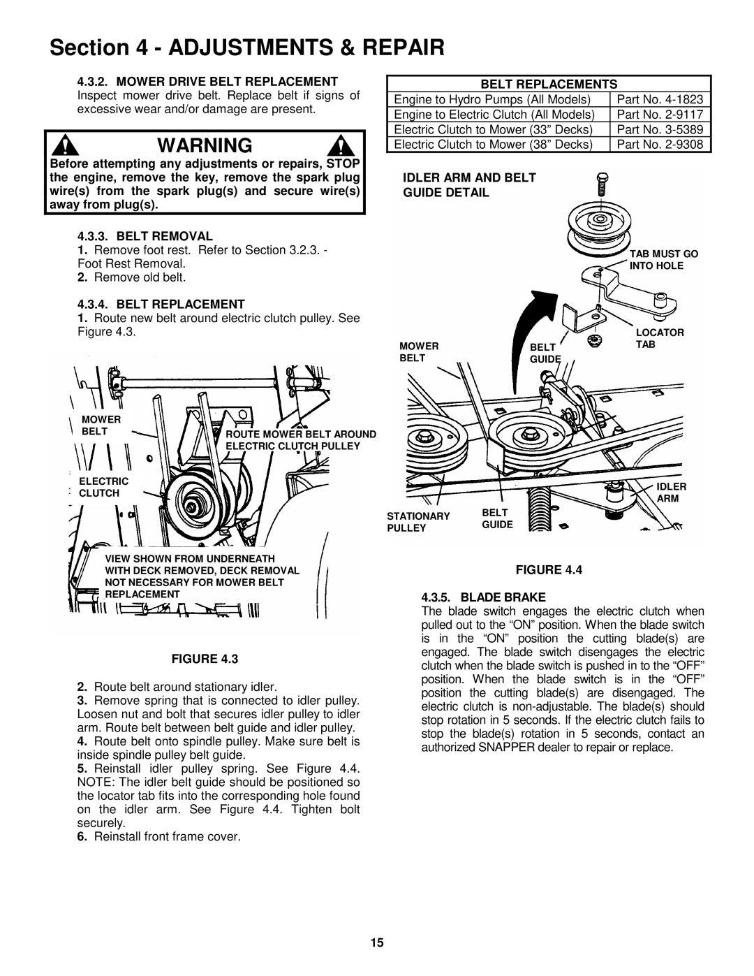 Snapper YZ13331be, YZ13381BE, YZ145332BE, YZ145382BE Belt Removal, Belt Replacements, Idler ARM and Belt Guide Detail 