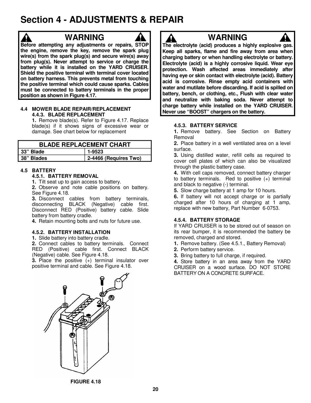 Snapper YZ13331be, YZ13381BE, YZ145332BE, YZ145382BE Blade Replacement Chart, Battery Battery Removal, Battery Service 