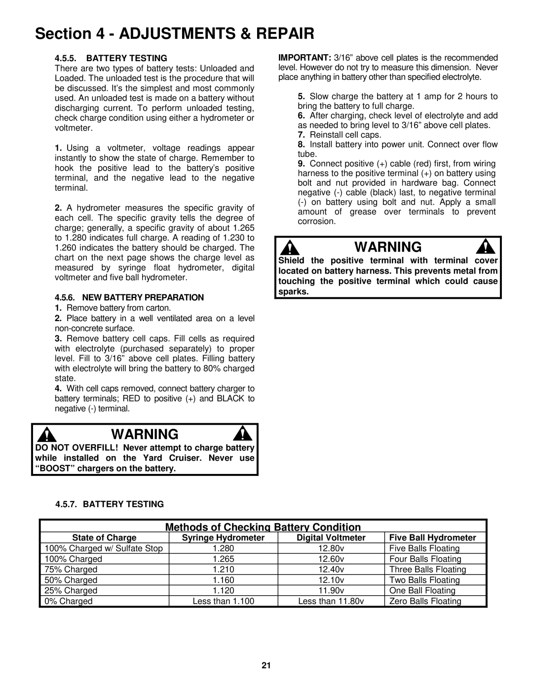 Snapper YZ13331be, YZ13381BE, YZ145332BE, YZ145382BE important safety instructions Battery Testing 