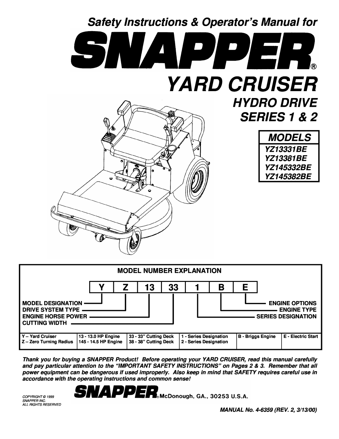 Snapper YZ13331be, YZ13381BE, YZ145332BE, YZ145382BE important safety instructions Hydro Drive Series, Models 