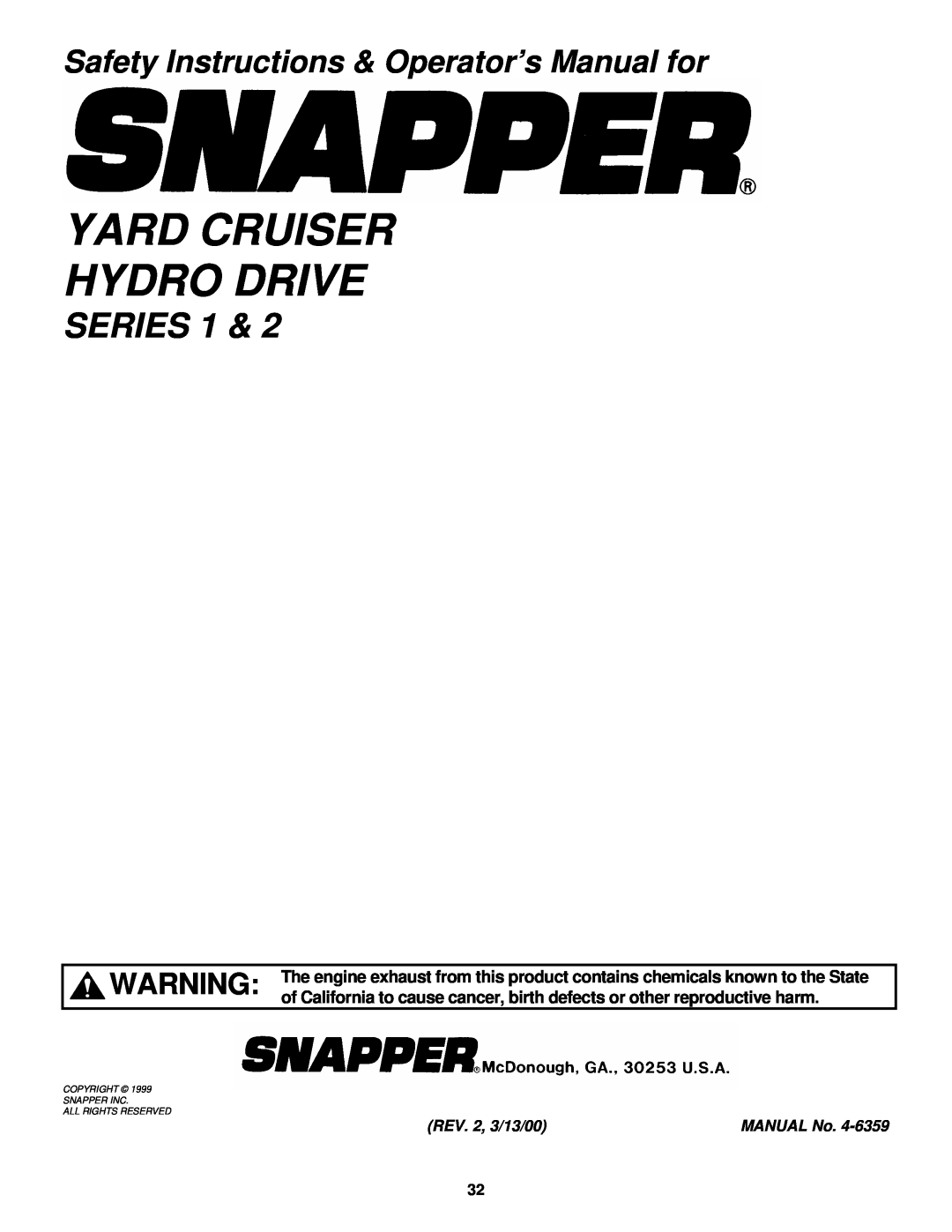 Snapper YZ13331be, YZ13381BE, YZ145332BE, YZ145382BE important safety instructions Series, Yard Cruiser Hydro Drive 