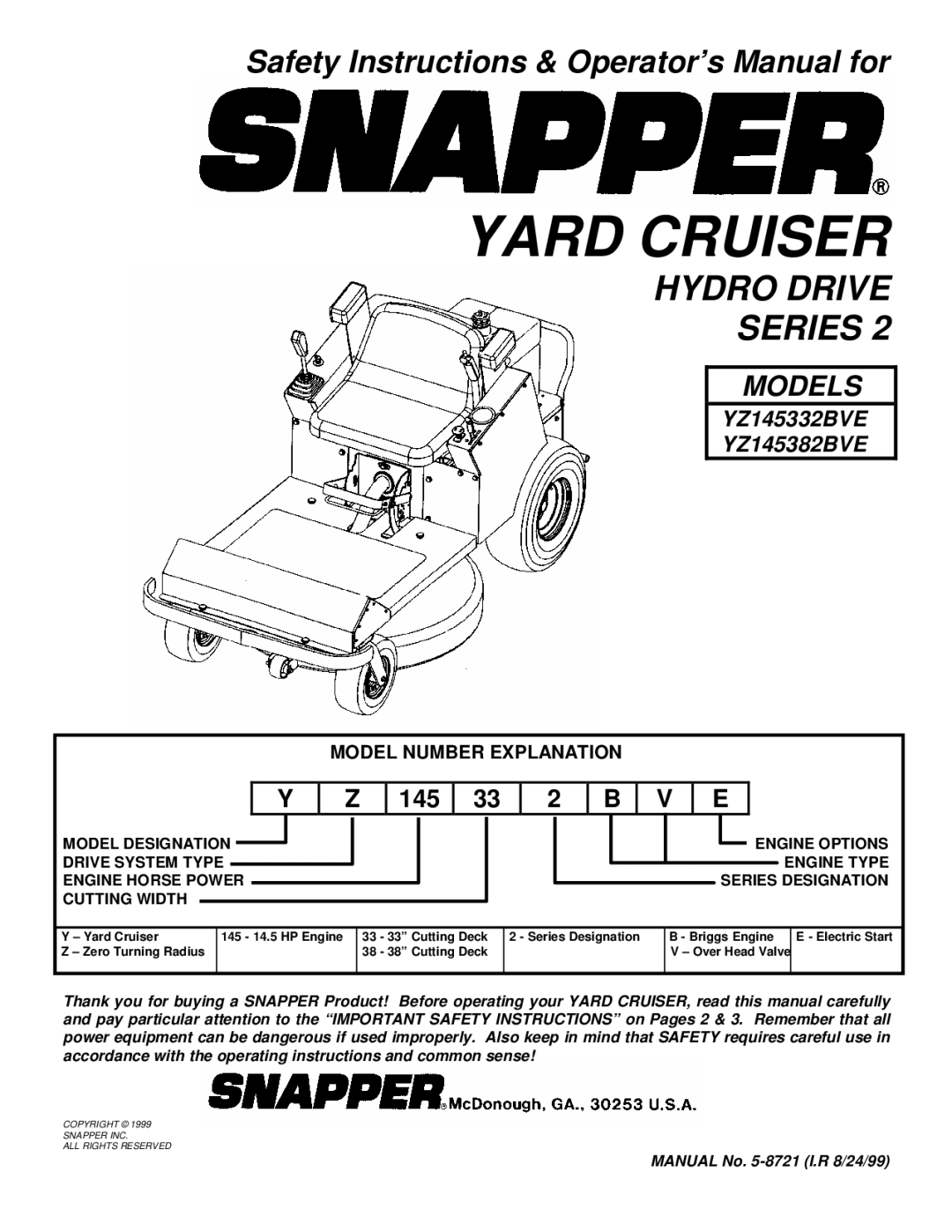 Snapper YZ145332BVE, YZ145382BVE important safety instructions Yard Cruiser 