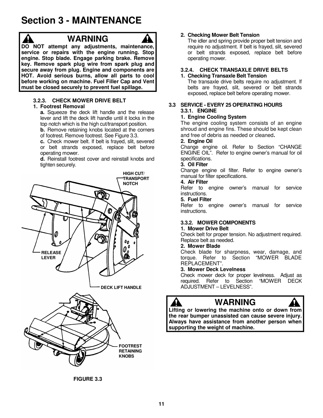 Snapper YZ145332BVE, YZ145382BVE Checking Mower Belt Tension, Service Every 25 Operating Hours, Mower Blade 