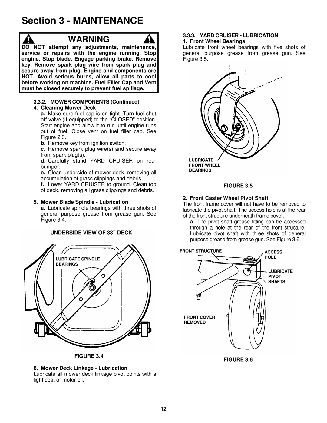 Snapper YZ145332BVE, YZ145382BVE important safety instructions Mower Blade Spindle Lubrication, Underside View of 33 Deck 