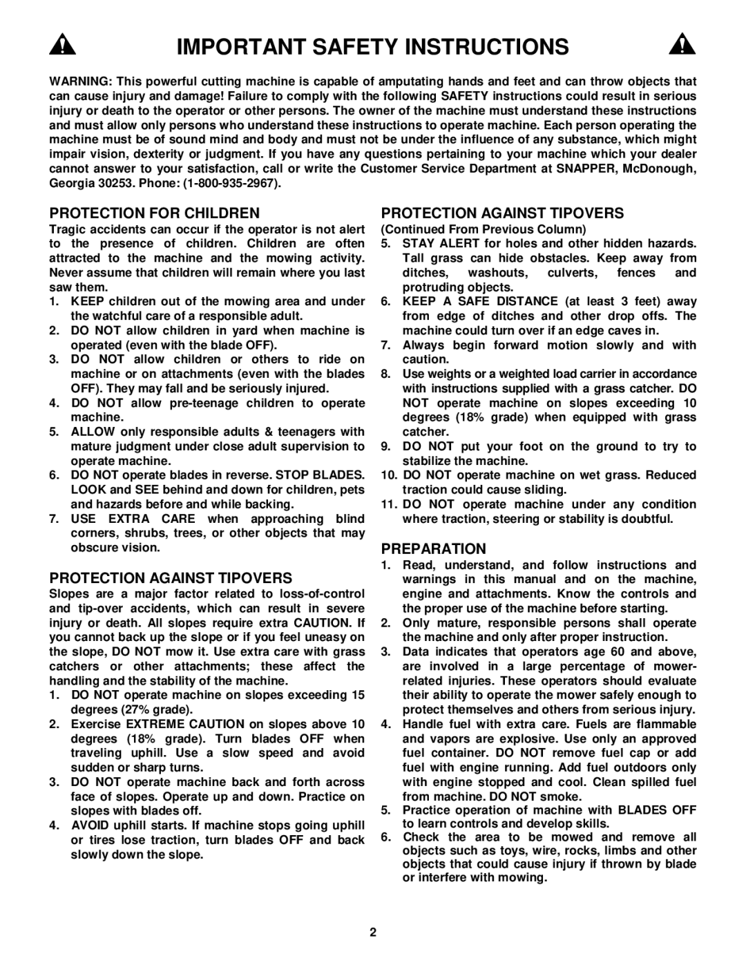 Snapper YZ145332BVE, YZ145382BVE important safety instructions Important Safety Instructions 