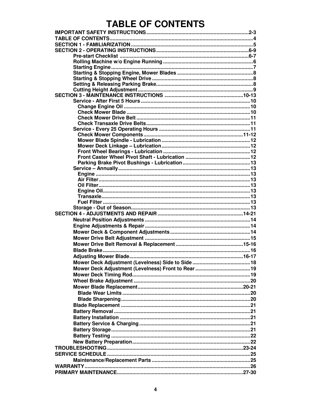 Snapper YZ145332BVE, YZ145382BVE important safety instructions Table of Contents 