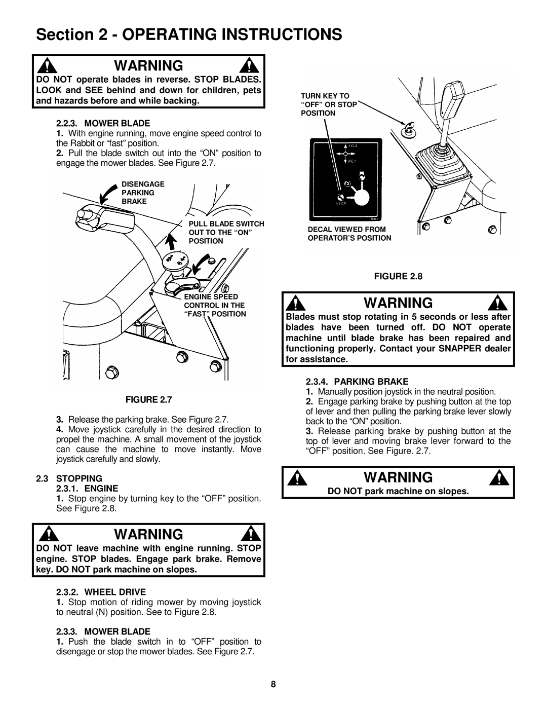 Snapper YZ145332BVE, YZ145382BVE important safety instructions Mower Blade, Stopping, Engine, Parking Brake, Wheel Drive 