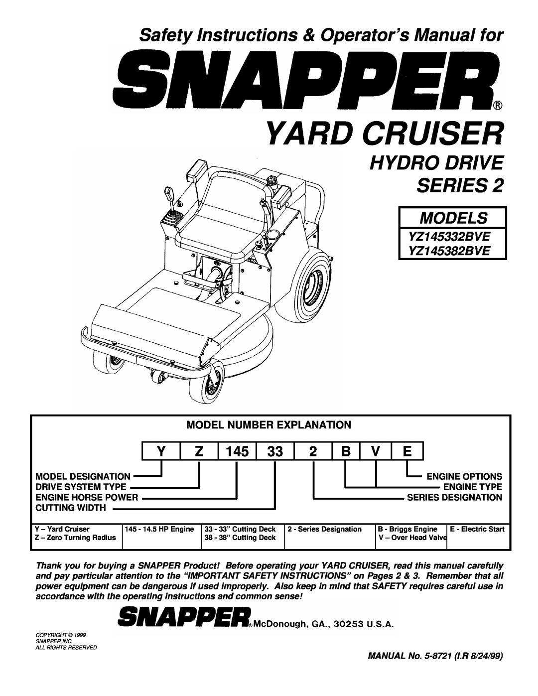 Snapper YZ145332BVE, YZ145382BVE important safety instructions Hydro Drive Series, Models, Model Number Explanation 
