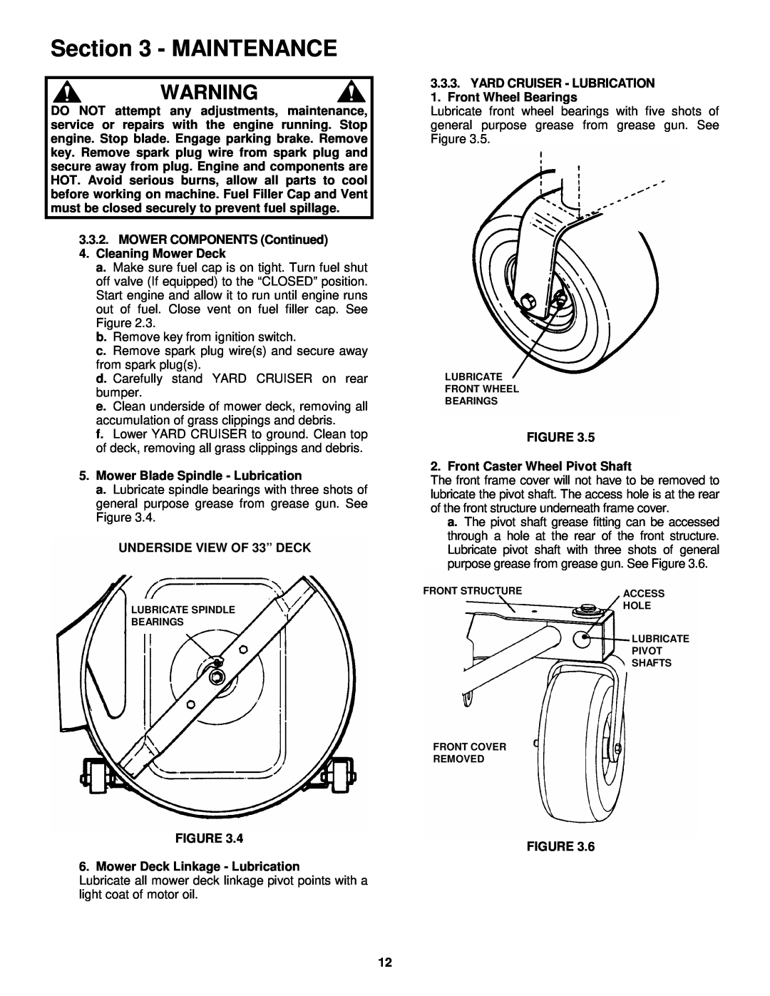 Snapper YZ145332BVE, YZ145382BVE important safety instructions Maintenance, Mower Blade Spindle - Lubrication 