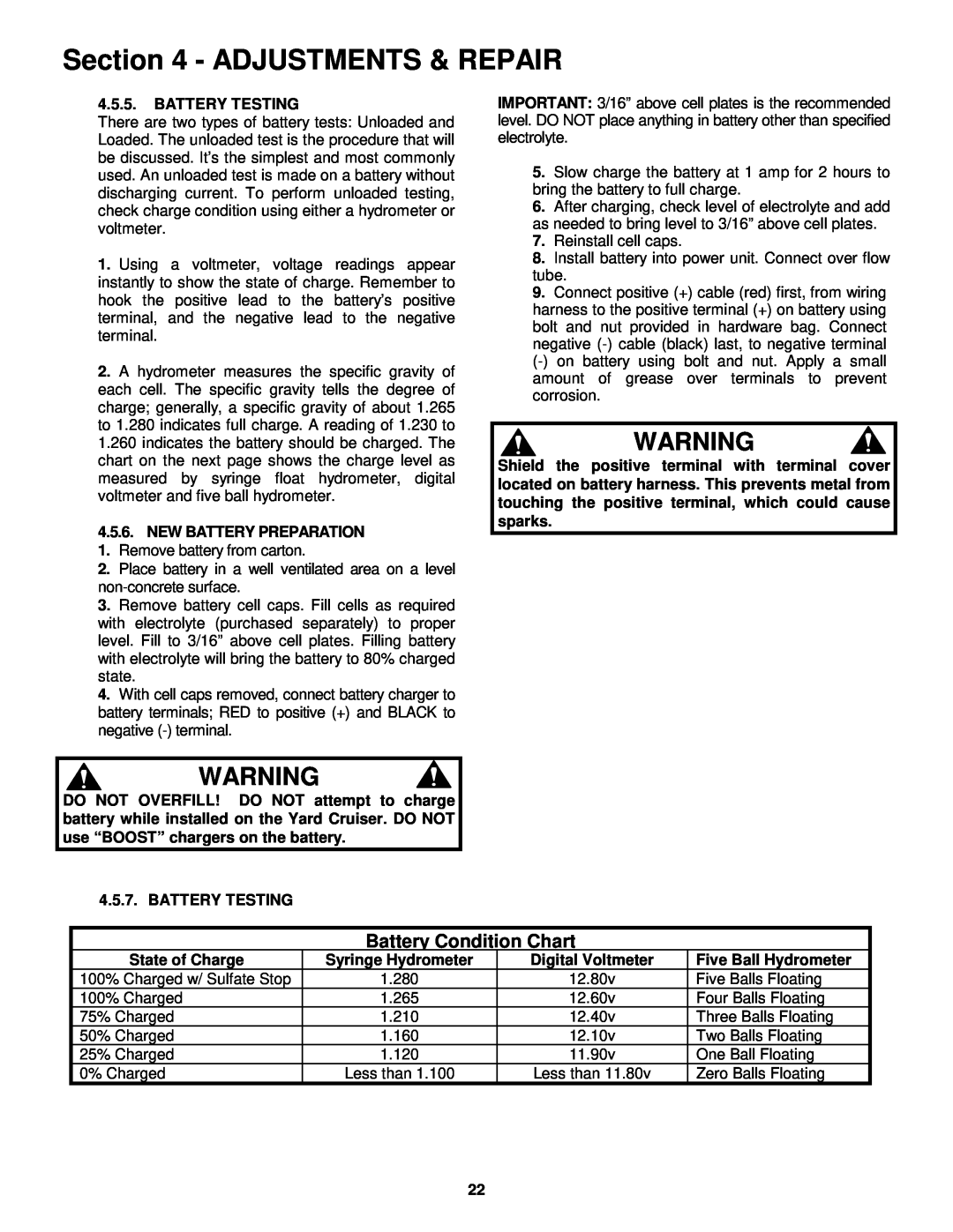 Snapper YZ145332BVE, YZ145382BVE important safety instructions Battery Condition Chart, Adjustments & Repair 