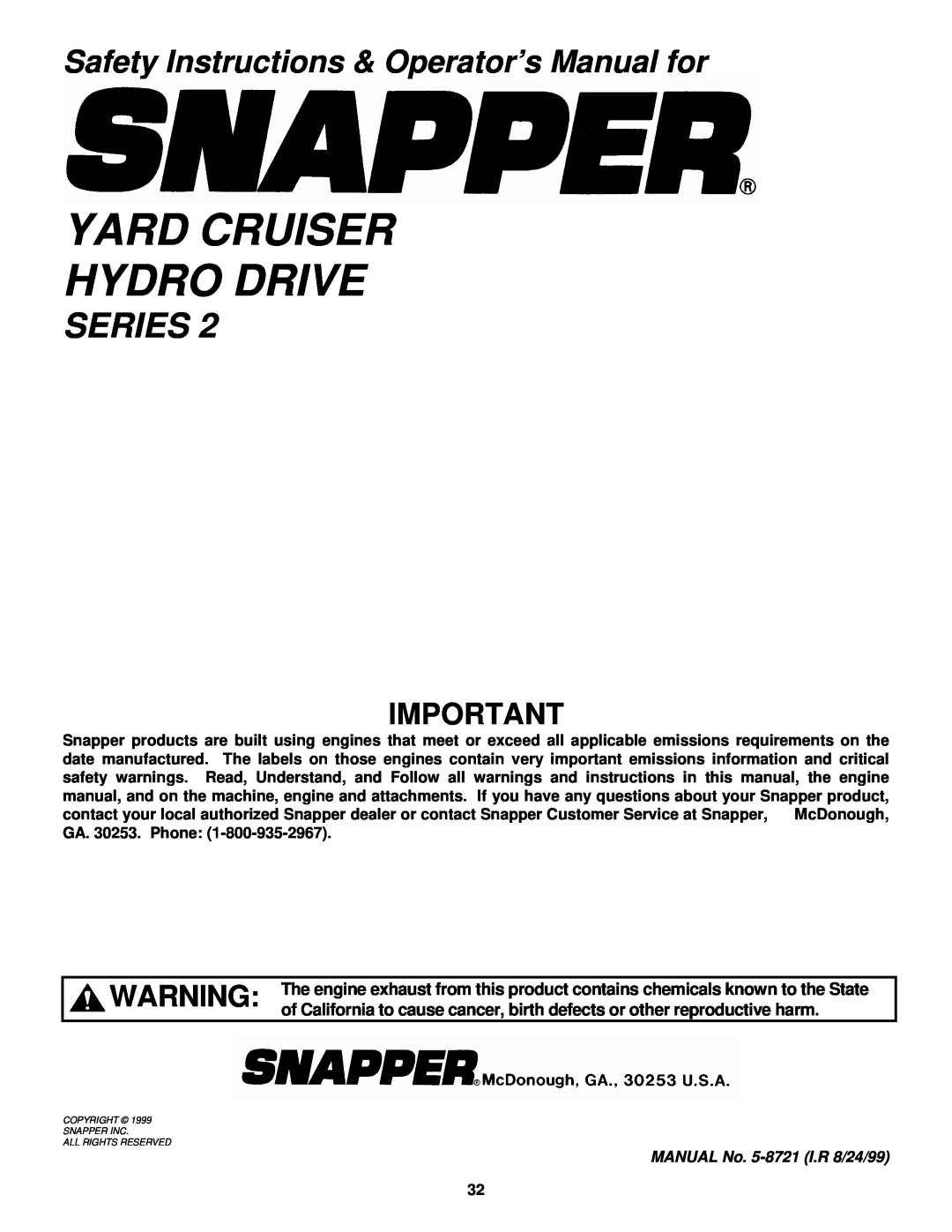 Snapper YZ145332BVE, YZ145382BVE Series, Yard Cruiser Hydro Drive, Safety Instructions & Operator’s Manual for 