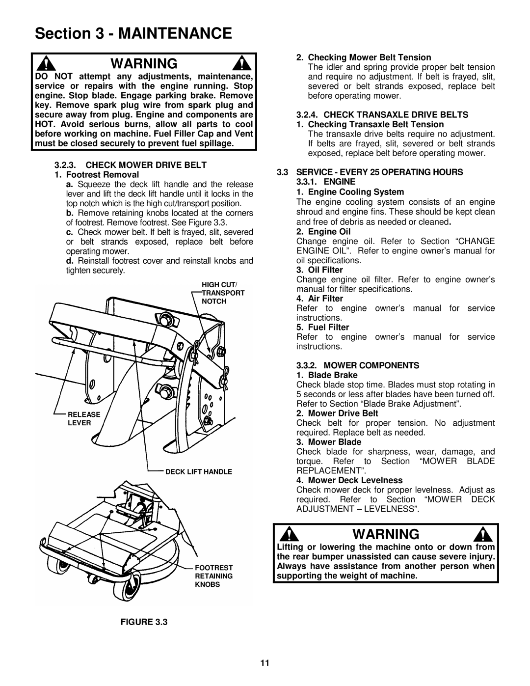 Snapper YZ145333BVE, YZ145383BVE important safety instructions Service Every 25 Operating Hours 